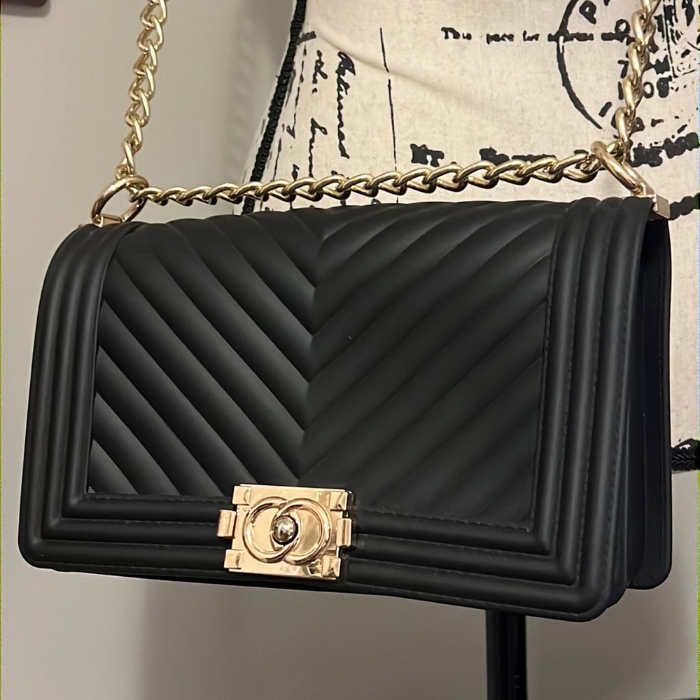 New Black with Gold Clasp and Chain Jelly Quilted Soft Silicone Shoulder Purse